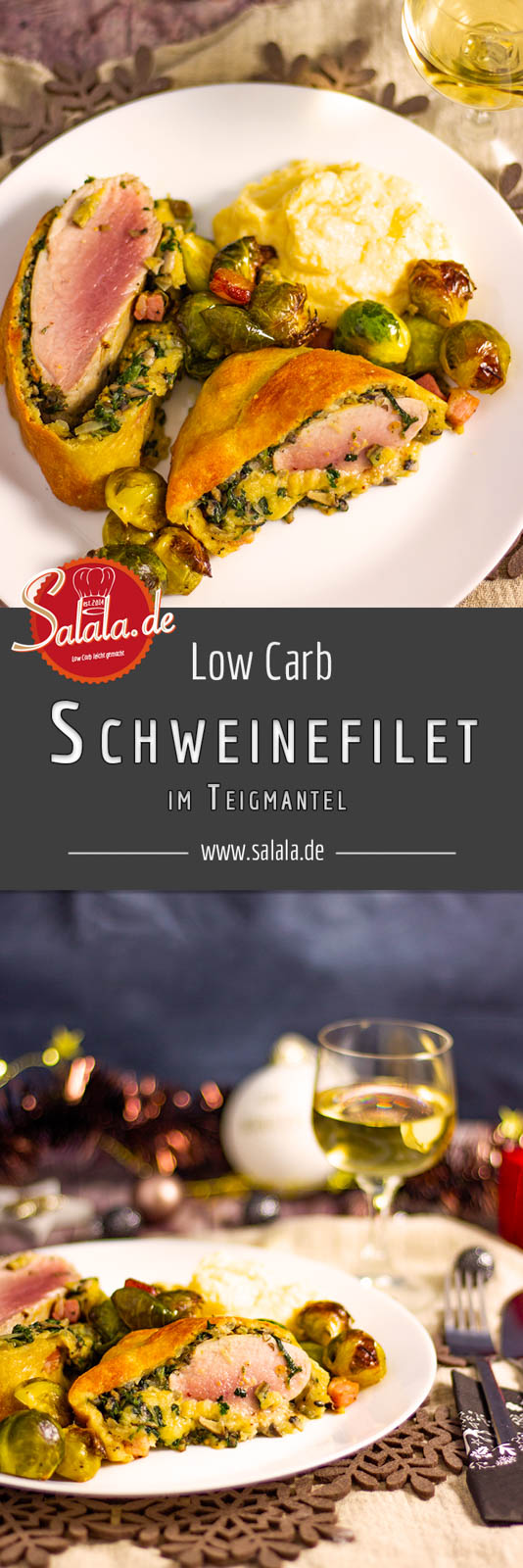 Schweinefilet im Fat Head Mantel - by salala.de - Low Carb Alternative zu Schweinefilet im Blätterteig I Weihnachtsmenü mit Selleriepüree #schweinefilet #schweinefiletimteigmantel #lowcarbschweinefiletimflaschenblätterteig #lowcarb #lowcarbrezepte #rezepte #weihnachtsessen